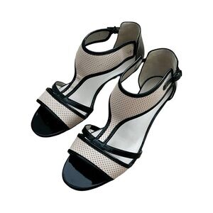 NEW GIORGIO ARMANI Beige Perforated Leather Black Patent Gladiator Flat Sz 36.5